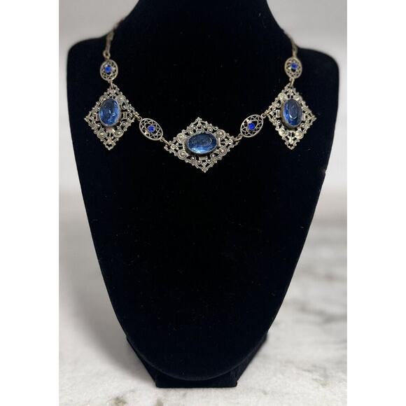 Antique Victorian Czech Blue Glass Filigree Bib Choker Necklace - Picture 2 of 14